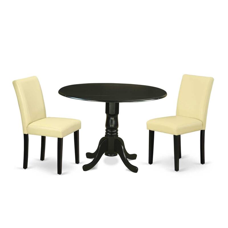 Round Dining Table Set - 42" Table w/ Drop Leaves & 2 Parsons Chairs - Eggnog PU Leather