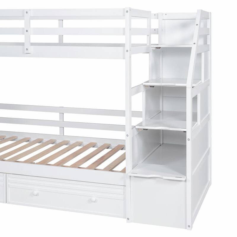 Twin over Twin Bunk Bed with Storage Staircase, Slide, Drawers, Desk, and Shelves