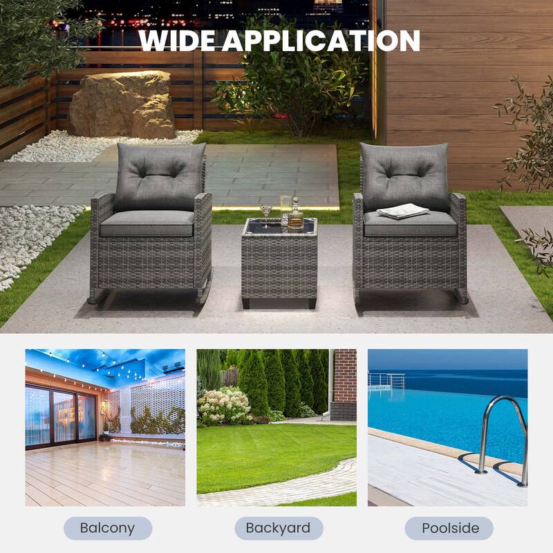 Costway 3 PCS Patio Wicker Rocking Set with Tempered Glass Table & - See Details