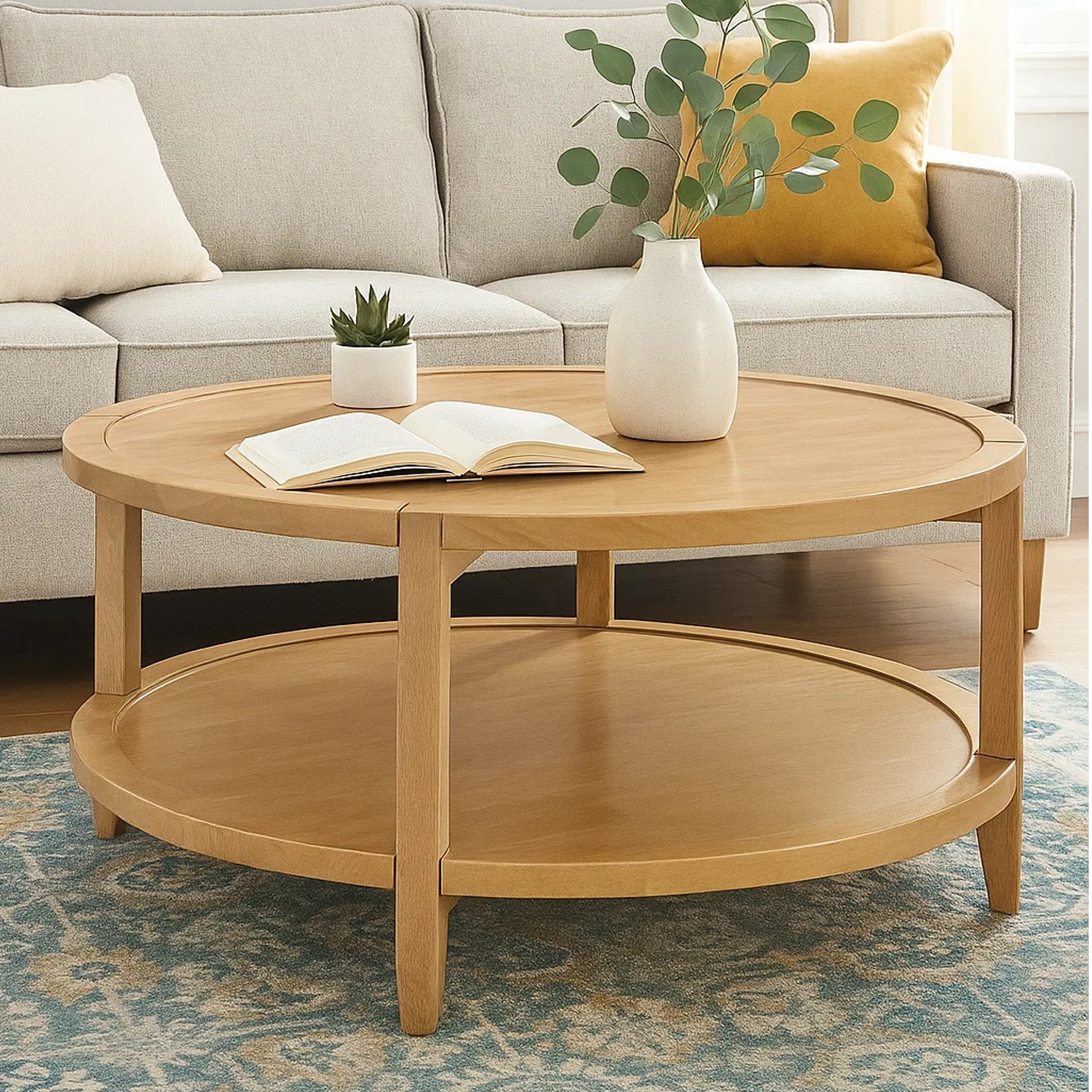 Benjara Camilia Coffee Table, 1 Shelf, Round Maple Brown Solid Wood, 36 Inch