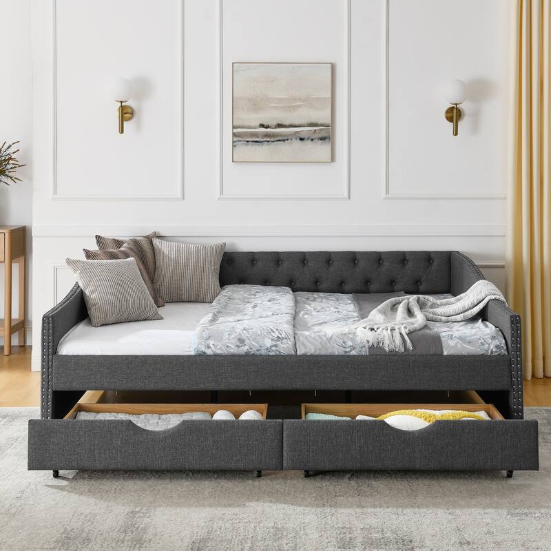 Roomfitters Twin/Full/Queen Upholstered Daybed with Tufted Backrest, Nailhead Trim and Underbed Storage Trundle