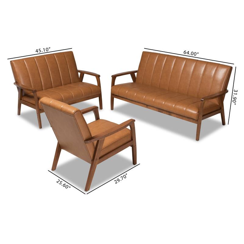 Nikko Tan Faux Leather and Walnut finished Wood 3PC Living Room Set