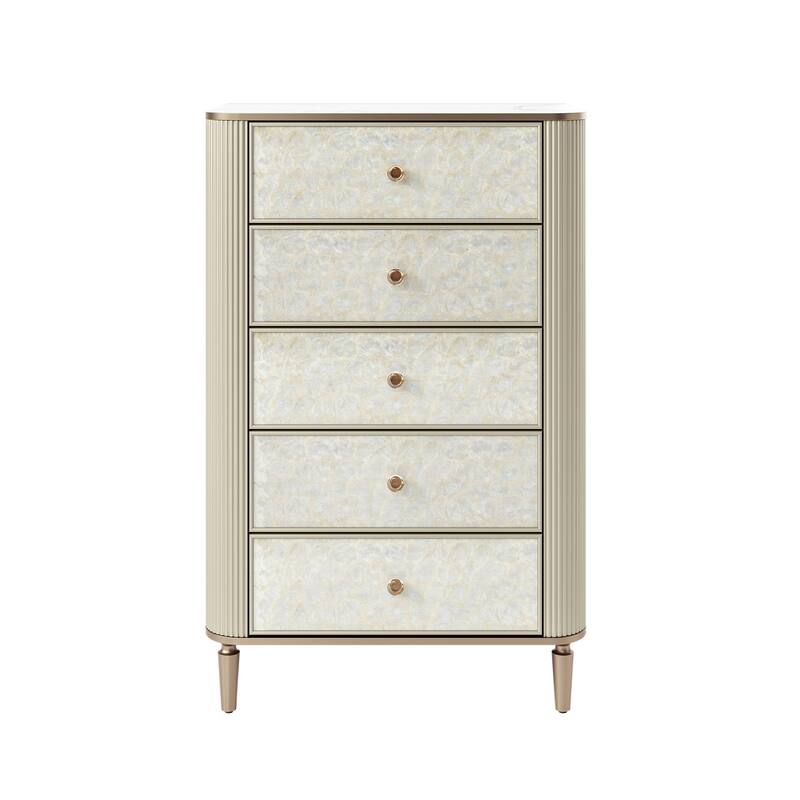marble luxury dresser 49" Luxury 5-Drawer Dresser with High-Gloss Faux Marble Top, Premium Mother-of-Pearl Inlay Accent Chest