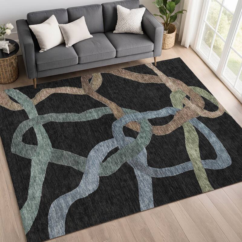 Machine Washable Indoor/ Outdoor Abstract Links Chantille Rug