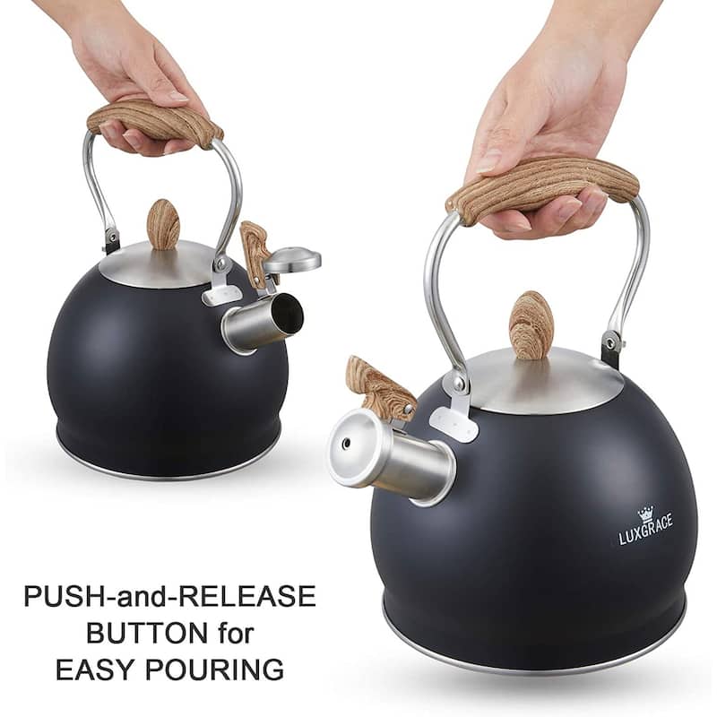 Creative Home 2.6 Qt. Stainless Steel Whistling Tea Kettle Teapot with Folding Handle, Aluminum Capsulated Bottom, Opaque Black