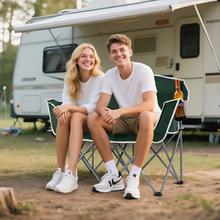 Green Oxford Cloth Metal Folding Camping Loveseat with Cup Holders