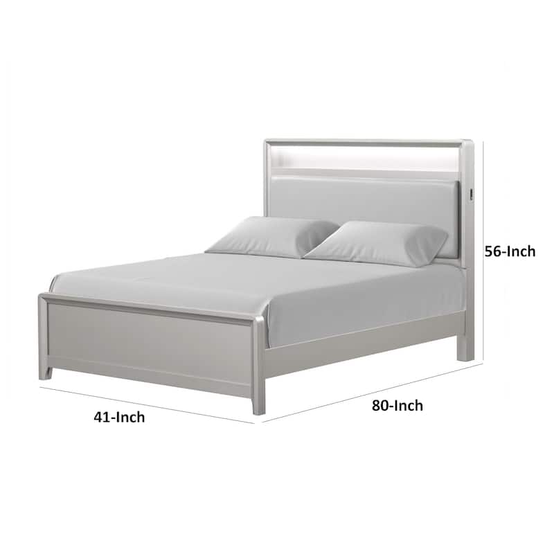 Broy Twin Size Bed w LED Bookcase Headboard, Champagne Silver Veneer
