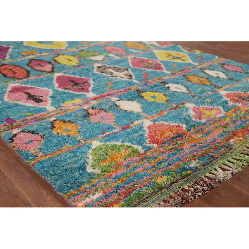 Hand Knotted Oriental 100% Wool Carpet Modern Tribal Navy Blue & Blues Moroccan Area Rug - 9' 8'' X 6' 2''