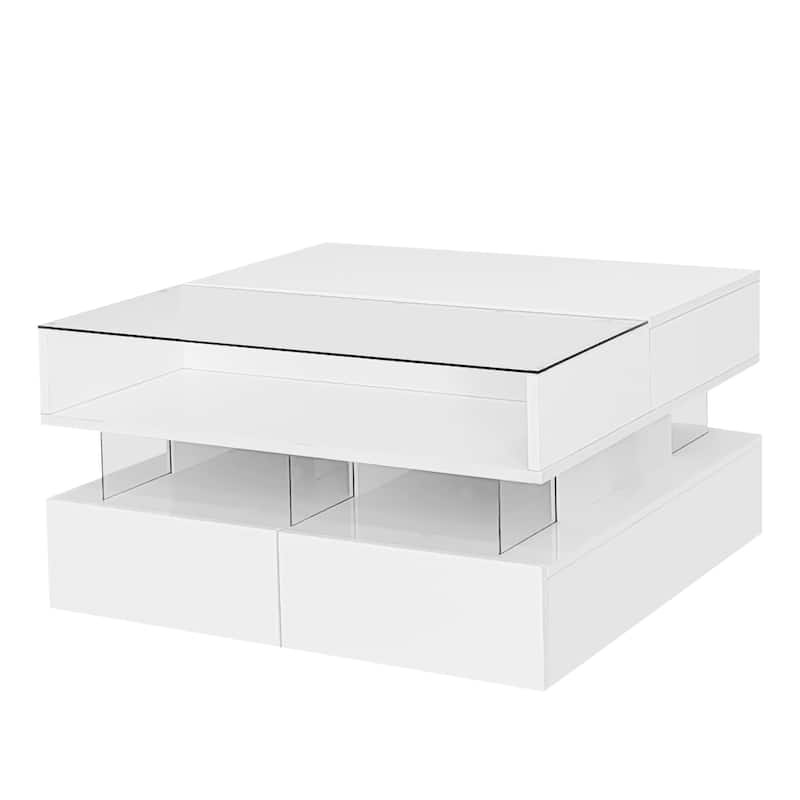 Lift-Top Coffee Table with 2 Drawers, Modern Square Coffee Table with Glass Top and High-Gloss Finish