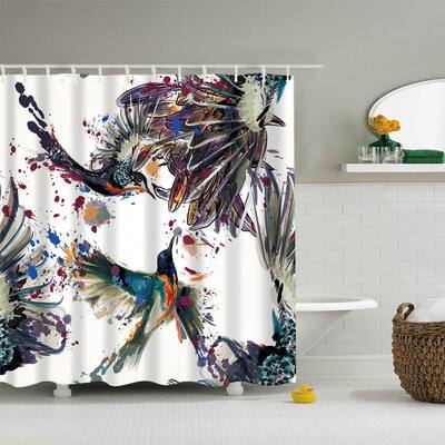 Waterproof Bird Pattern Bathroom Shower Curtain With 12 Hooks