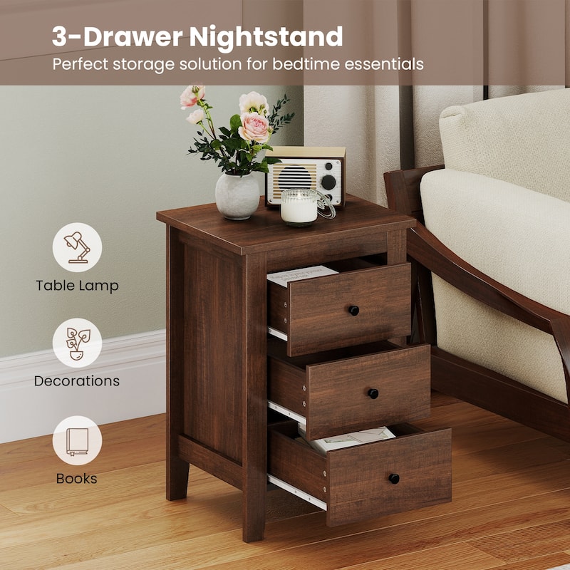 Costway 1PC/2PCS Nightstand End Beside Sofa Table w/ 3 Drawers Bedroom