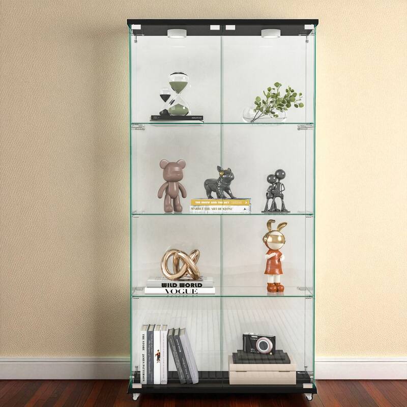 Modern 2-Door Glass Display Cabinet with LED Lights, 4-Shelf Tempered Glass Showcase for Collectibles and Storage - Black