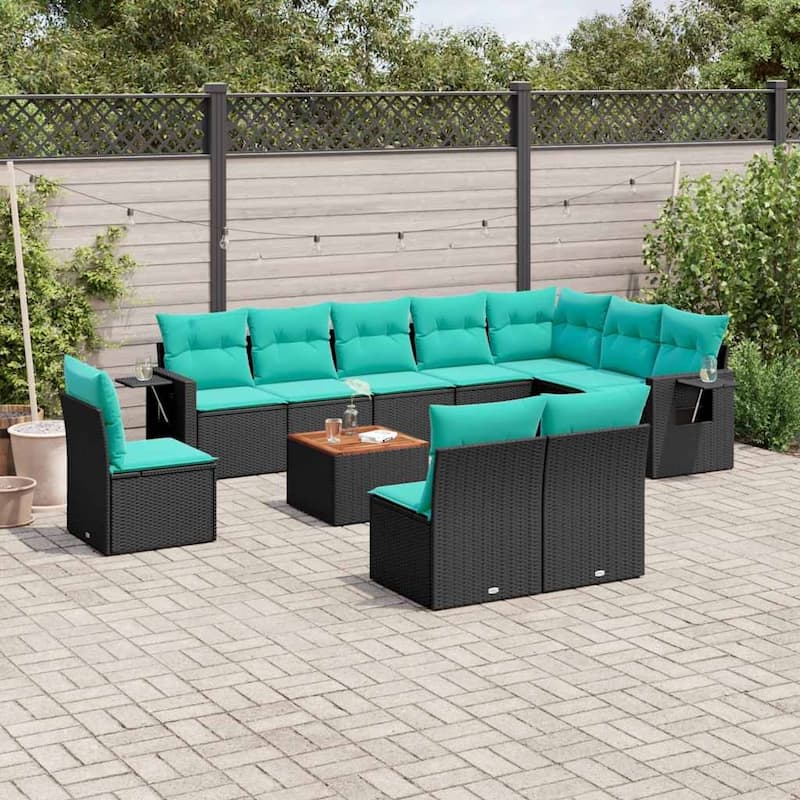 vidaXL 11 Piece Patio Sofa Set with Cushions Black Poly Rattan - 24.4" x 24.4" x 27.2" - Black and blue