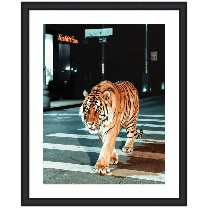 Kate and Laurel Framed Art Tiger in the City at Night 2 by Michael Schauer - 35x43 - Black