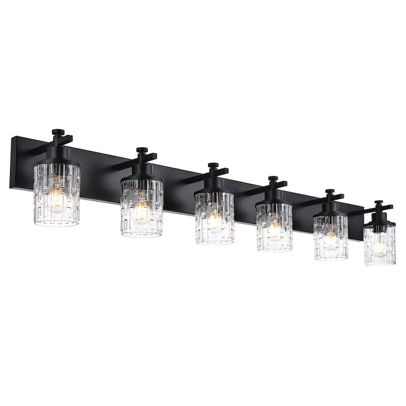 5-Light Bathroom Lighting, Modern Black Vanity Light Fixture Over Mirror, Industrial Fixture with Clear Grid Glass