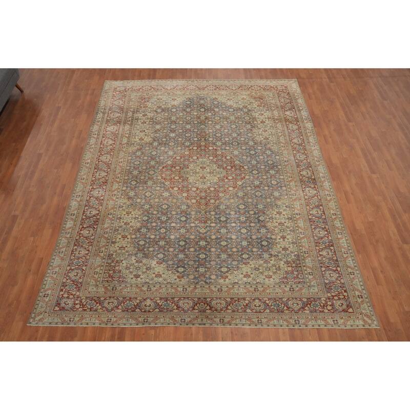 Hand Knotted Oriental 100% Wool Carpet Traditional Floral Navy Blue & Blues Tabriz Area Rug - 12' 10'' X 10' 0''