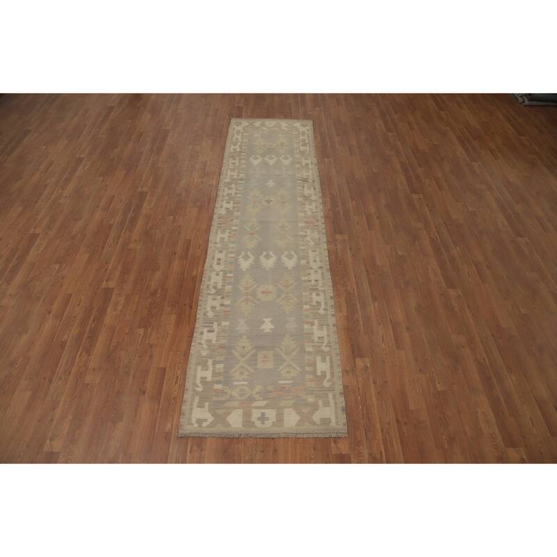 Hand Woven Oriental 100% Wool Carpet Southwestern Tribal Greys & Charcoal Kilim Runner Rug - 10' 2'' X 2' 8''