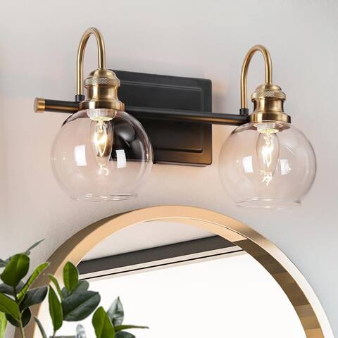 Modern 2-Light Black Gold Bathroom Vanity Lights Globe Glass Wall Sconce - 14.5" L x 7" W x 9" H