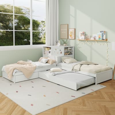L-Shaped Combination Twin Bed Frame with Trundle and Drawer