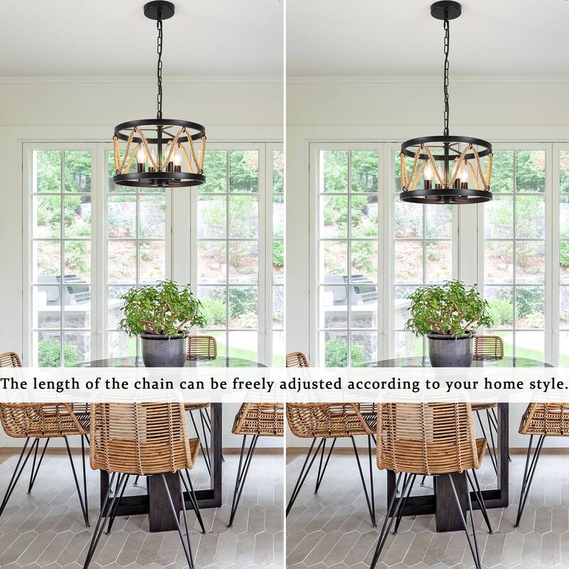 4-Light Drum-shaped Chandelier with Hemp Rope for Kitchen Living Room