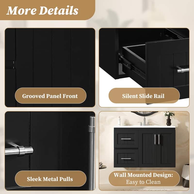 36" Wall Mounted Bathroom Vanity with 2 Drawers, Floating Vanity with Ceramic Sink & Adjustable Shelf, Modern Bathroom Storage