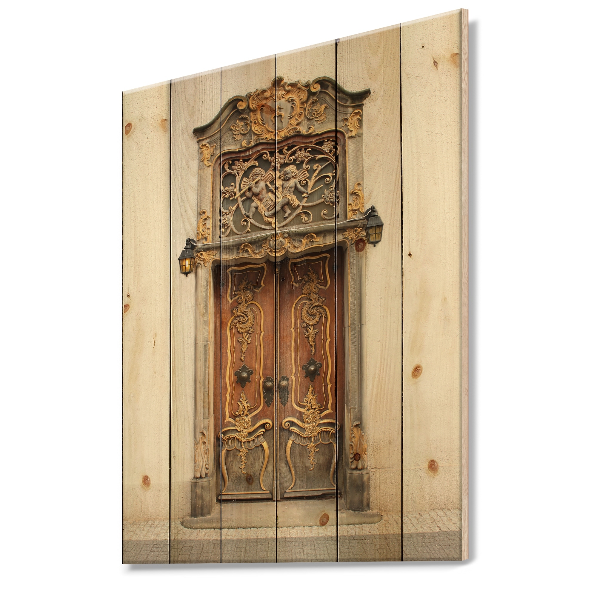 Shop Designart Old Door With Gold Ornaments Vintage Print On Natural Pine Wood Multi Color Overstock 26064063