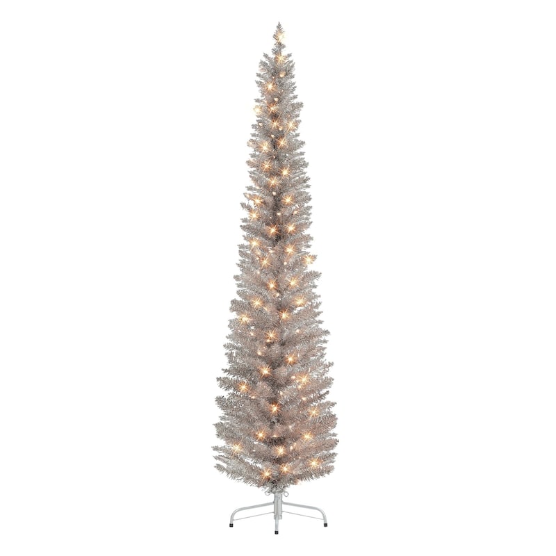6' Rose Gold Tinsel Pencil Artificial Christmas Tree, Clear Lights