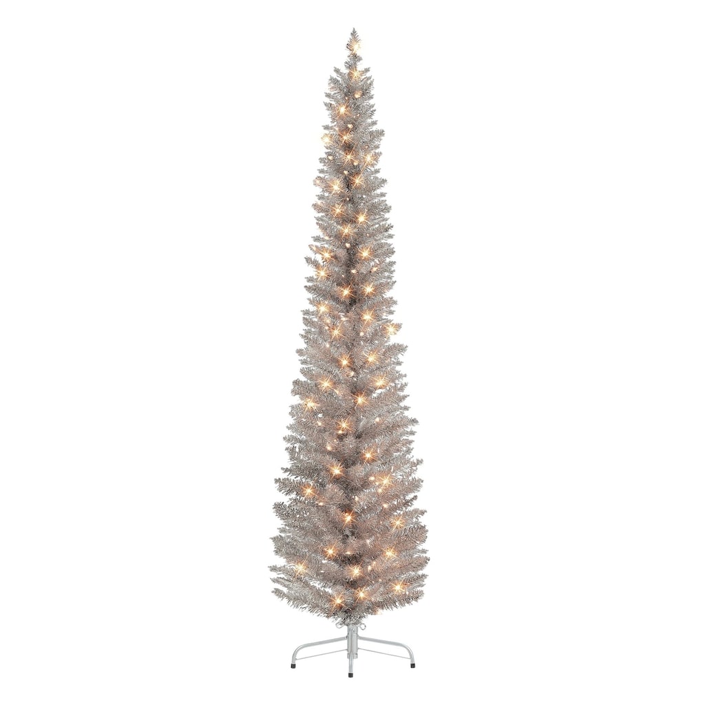 6' Rose Gold Tinsel Pencil Artificial Christmas Tree, Clear Lights