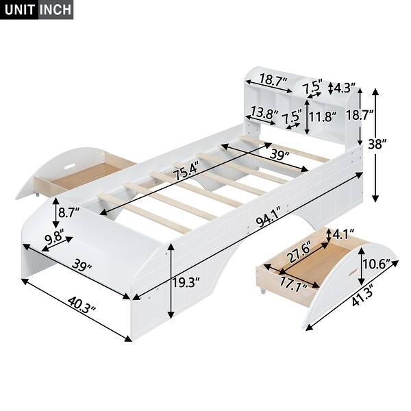 dimension image slide 1 of 2, Twin Size Wood Platform Bed with 2 Drawers and Storage Headboard