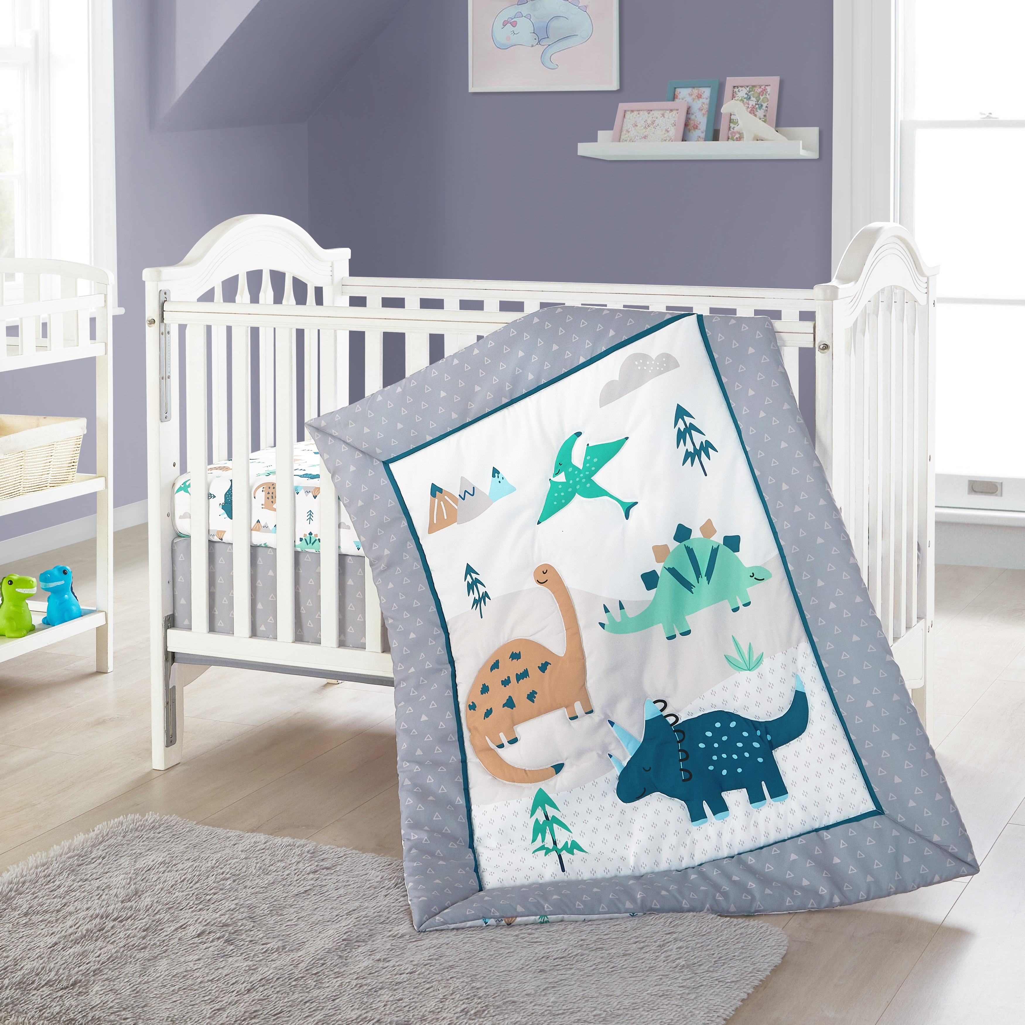 Dino Land 3 Piece Baby Nursery Crib Bedding Set Grey White Bed