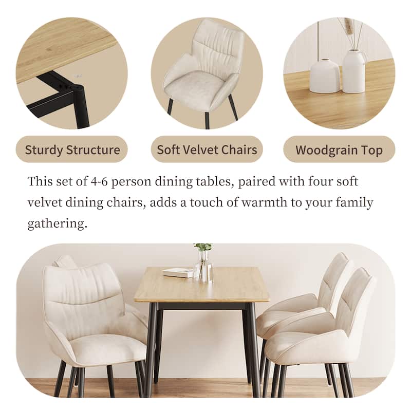 Modern Wood Grain Dining Set with Black Metal Legs, Seats 4-6, 5-Pcs