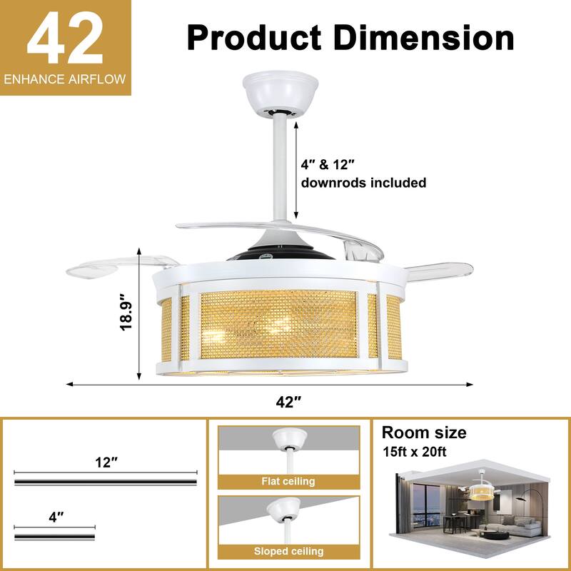 Cusp Barn 42'' Retractable Ceiling Fan with Lights and Remote, Boho Rattan Fandelier, Farmhouse Caged Chandelier Ceiling Fan