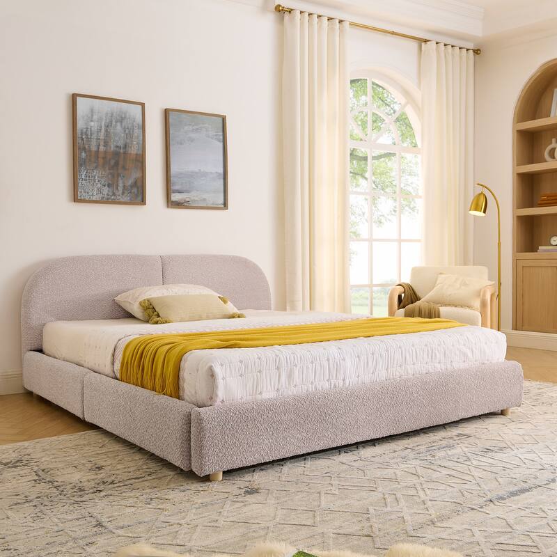 Fabric Upholstered Platform Bed Frame with Curved Headboard/4 Built-in Wheeled Storage Drawers/Sturdy Legs Support/Easy Assembly