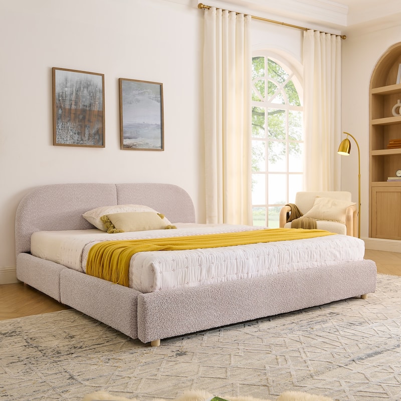 Queen Size Upholstered Bed Frame with Tall Headboard - Pink