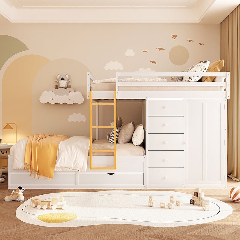 Kids Bed Frame Full Over Full Bunk Bed with Drawers and Wardrobe - White - Full