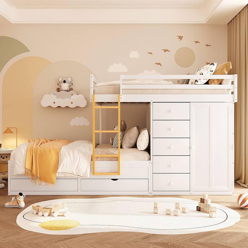 Roomfitters Full Size Bunk Bed with Drawers and Mini Wardrobe, Solid Wood