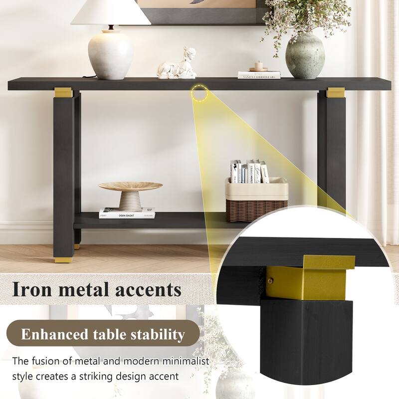 Modern Minimalist Console Table, Wooden Entryway Side Table with Metal Accents, Sofa Table with Built-in Storage Shelf