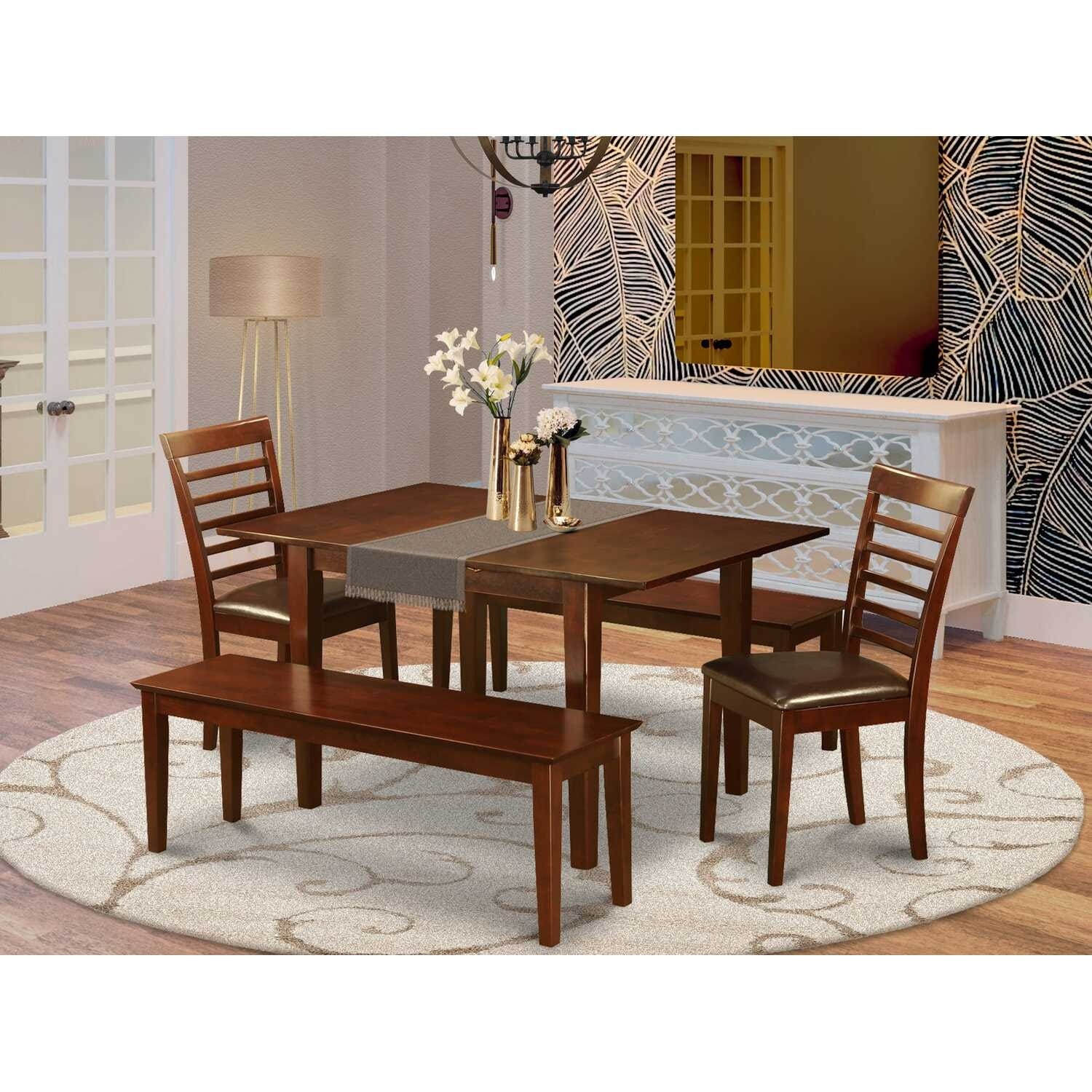 Contemporary 5 Piece Dining Set - Kitchen Table w/ Leaf & 2 Faux Leather Chairs, 2 Benches - 32x60 Inch