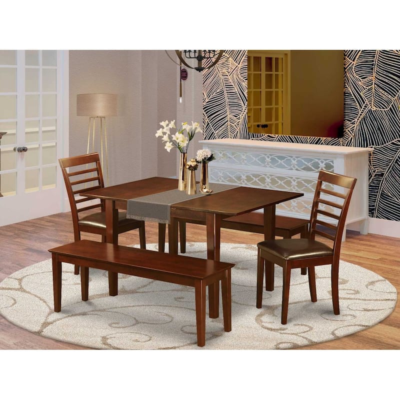 Contemporary 5 Piece Dining Set - Kitchen Table w/ Leaf & 2 Faux Leather Chairs, 2 Benches - 32x60 Inch