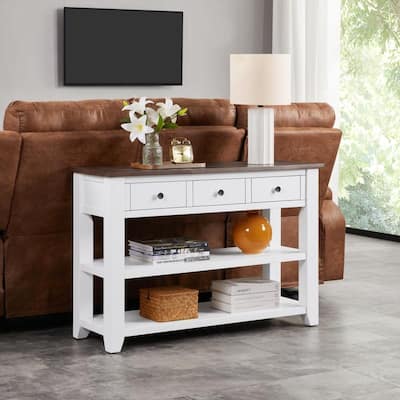 Vintage-Style Console Table with Dual Open Shelves - Solid Pine Wood Construction for Living Room‌