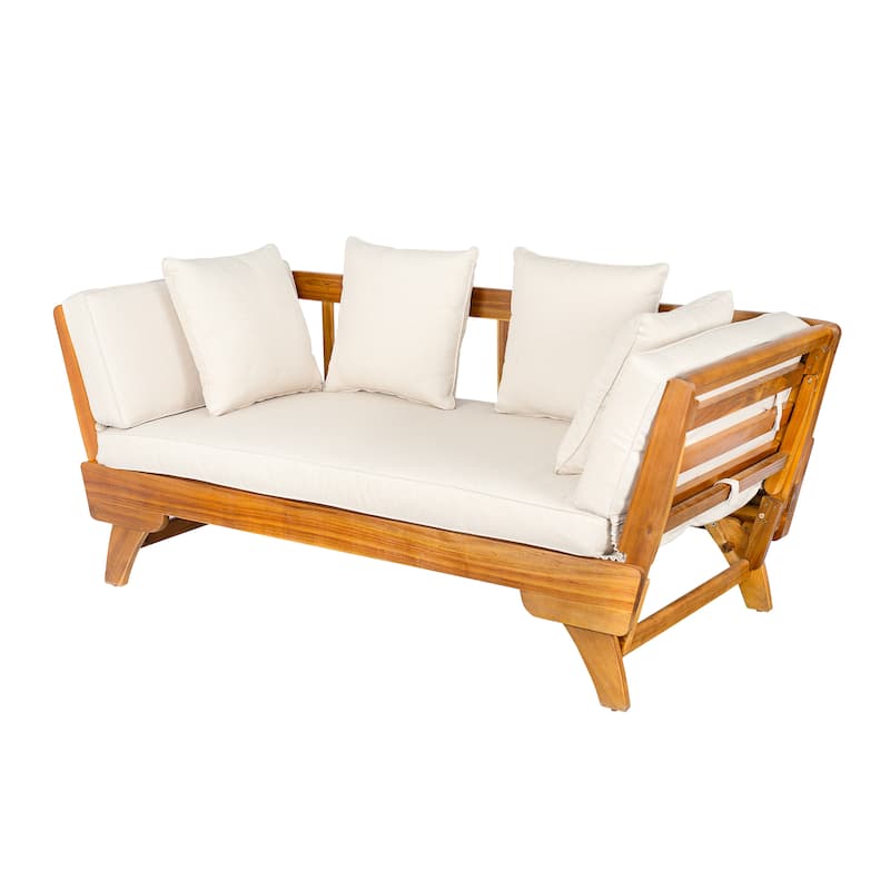 Roomfitters Outdoor Patio Daybed Sofa with Foldable Armrests, 3-Seat Acacia Wood Frame, Removable Beige Cushions