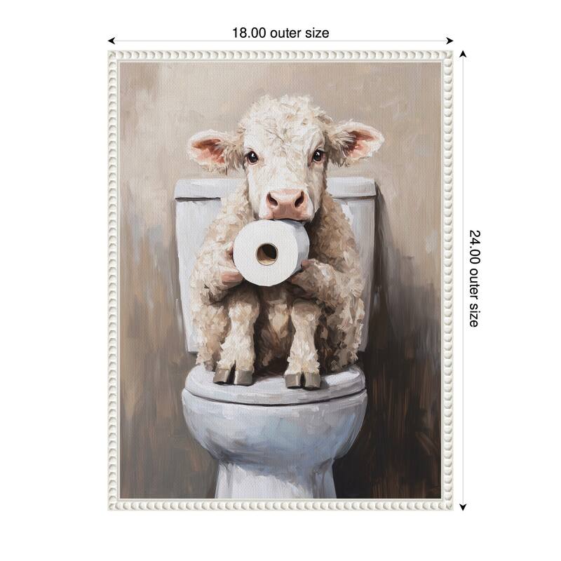 Kate and Laurel Sylvie Cute Cow Toilet Paper Roll Toilet Bathroom Art Framed Canvas by The Creative Bunch Studio