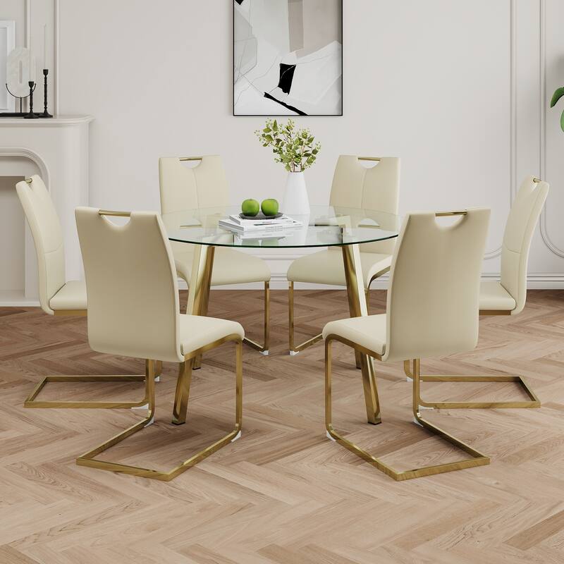 7-Piece Compact Round Dining Table Set, 47.2" Glass Table with 6 Faux Leather Chairs, Modern Dining Table and Chair Set for 6