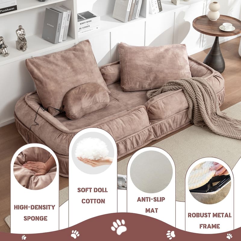 Upholstered Human & Pet Bed with 5 Adjustable Positions, Massage Pillow & 2 Soft Pillows, Brown