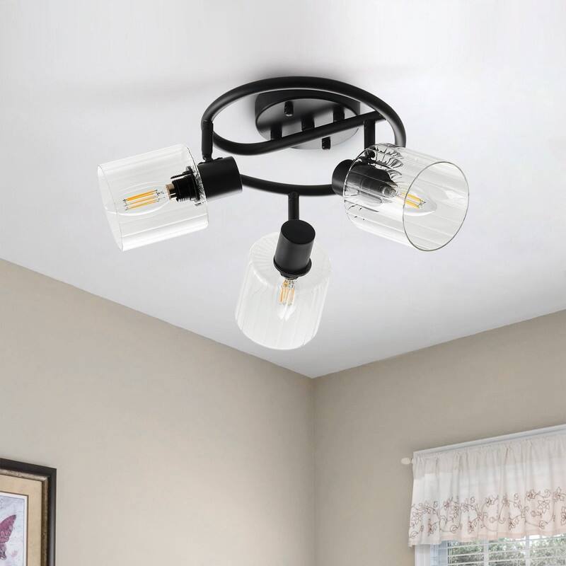 Modern 3 Light Semi-Flush Mount Ceiling Light with Clear Glass Shades and Black Finish