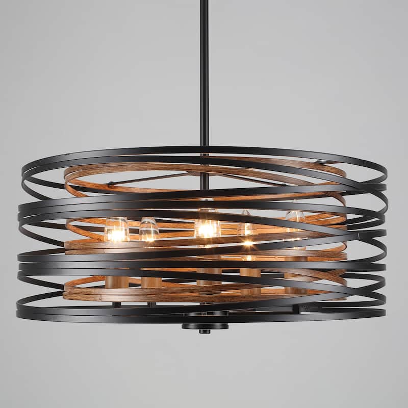 Farmhouse 5-Light Metal Drum Shape Pendant Light for Kitchen Island Entryway - Black+Gold