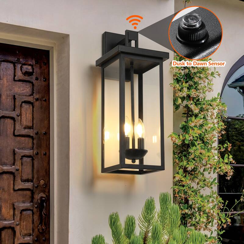 2-Pack 22.0" Outdoor Wall Lantern with Dusk to Dawn Sensor, Matte Black Finish, Clear Glass Panels, Weatherproof