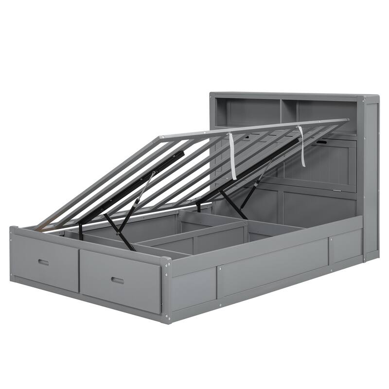 Wood QueenSize Hydraulic Platform Bed w/LED Headboard,Charging Station