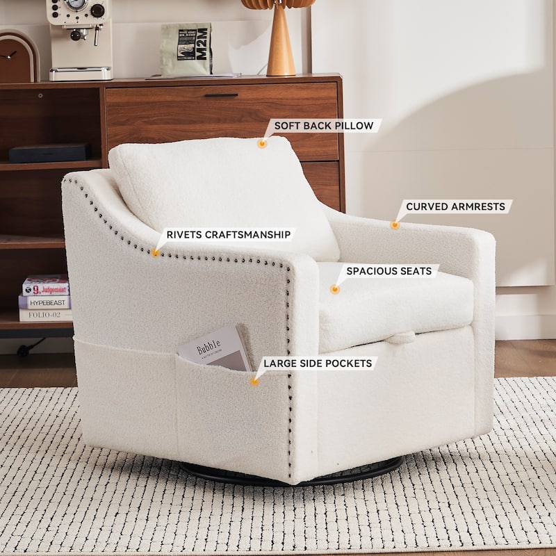 360° Swivel Accent Chair with 1 Back Pillow, Teddy Upholstered Reading Chair with Rivet Trim, Single Sofa Chair for Living Room