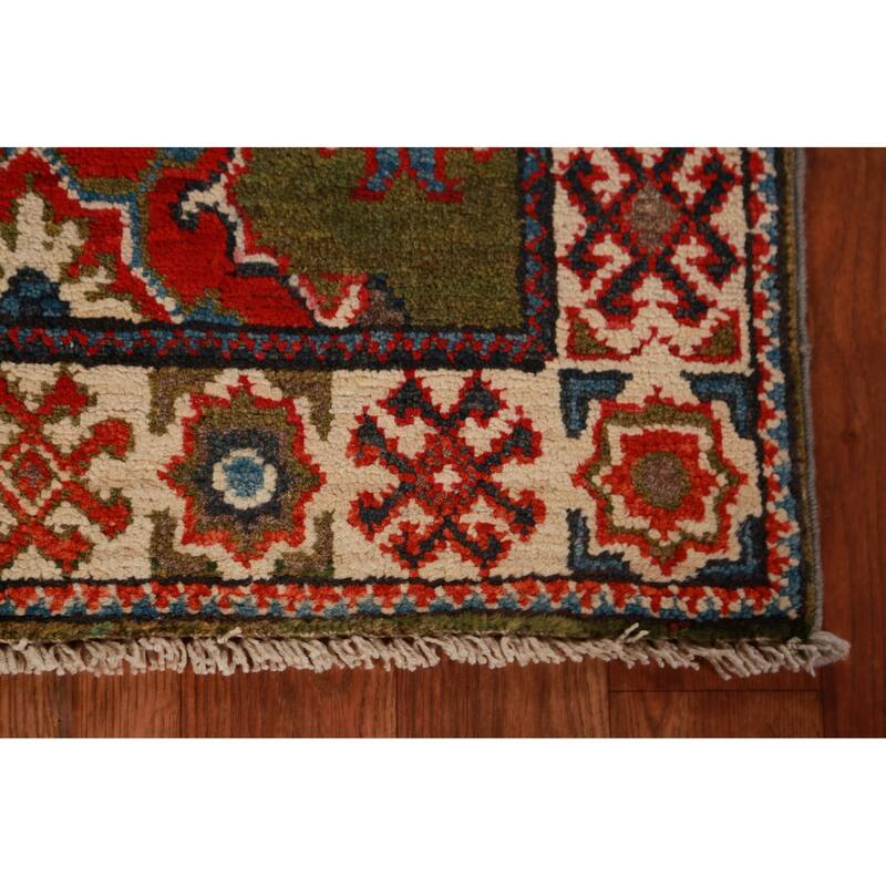 Green Kazak Oriental Foyer Rug Geometric Hand-Knotted Wool Carpet - 2'0"x 3'0"